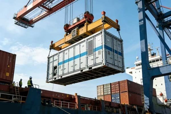 A large Battery Energy Storage System (BESS) unit being loaded onto a ship