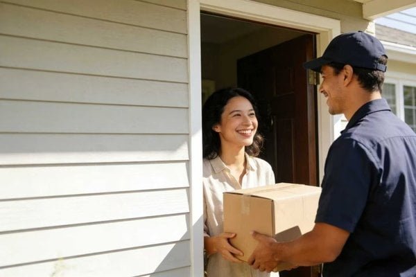 A happy customer receiving a package from a delivery driver