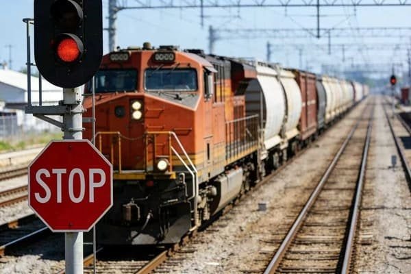 A train on a railway track with a stop sign in front of it