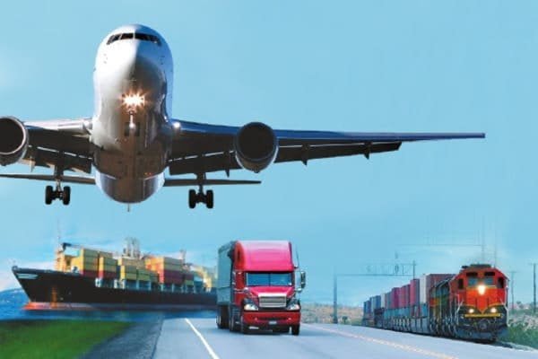 Split image showing an airplane, a container ship, a truck, and a train