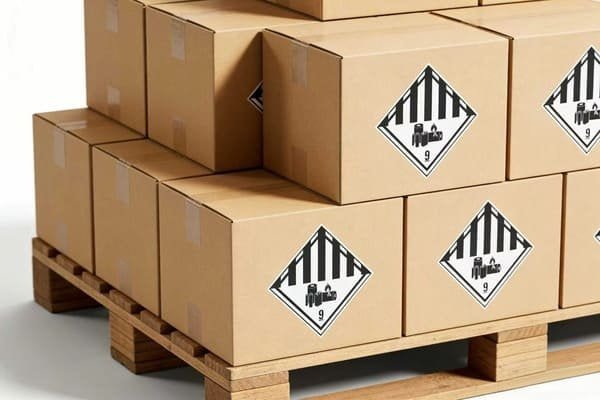 Shipping box with multiple labels and handling symbols