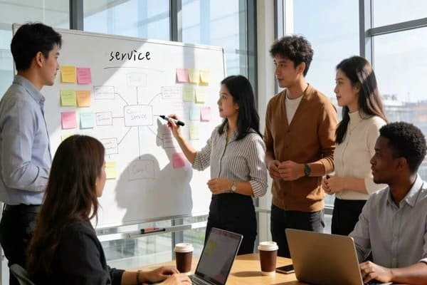 A team collaborating around a whiteboard with customer service strategies