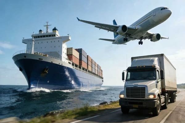 A cargo ship, an airplane, and a truck showing different transport methods
