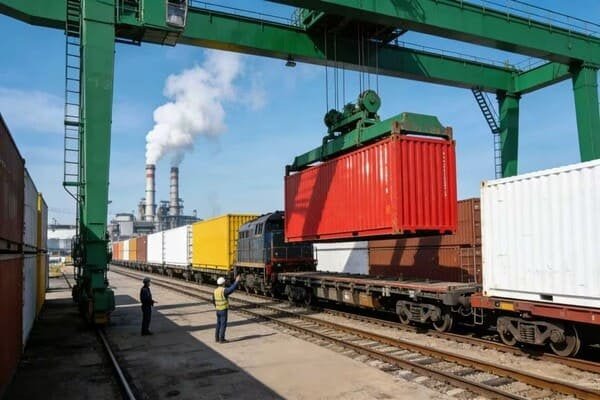 Intermodal containers being loaded onto a freight train