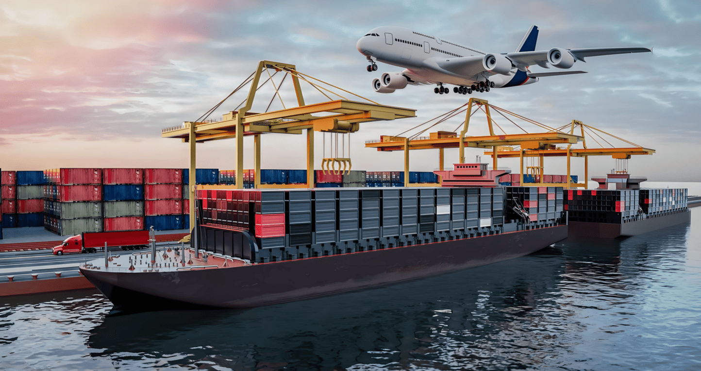 An airplane and a cargo ship side-by-side to compare shipping methods