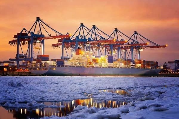 Snowy highway with trucks
