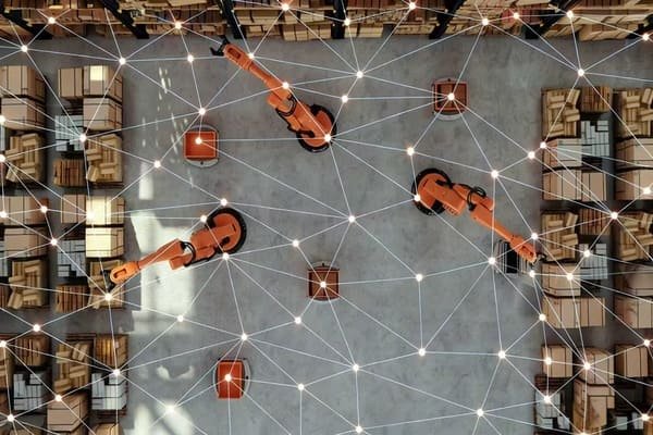 An automated warehouse with robots moving shelves and packages