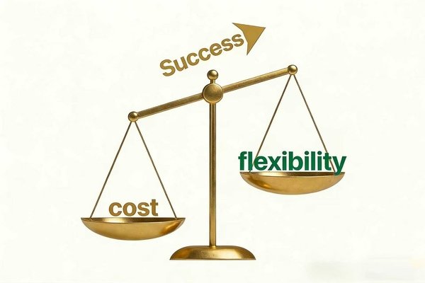 A scale balancing 'Cost' and 'Flexibility' with a rising arrow of success