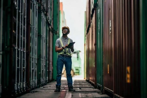 A shipping container being inspected at a port