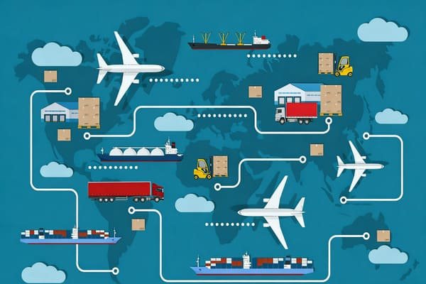 A diagram showing multiple paths for a shipment using sea, rail, and road