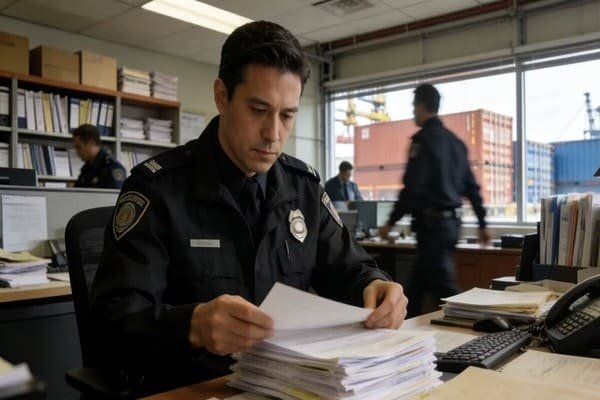 A customs officer inspecting documents in a busy port office.