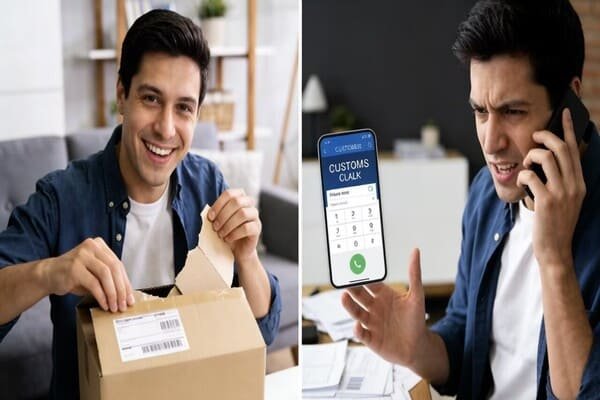 A happy customer receiving a box, versus a frustrated customer on the phone with customs.