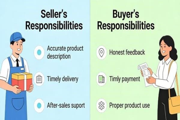 A split image showing a seller's responsibility on one side and a buyer's on the other.