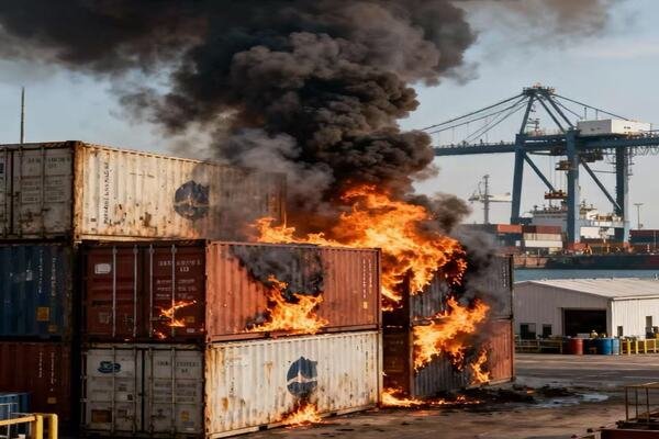 A fire-damaged shipping container on the deck of a cargo ship.