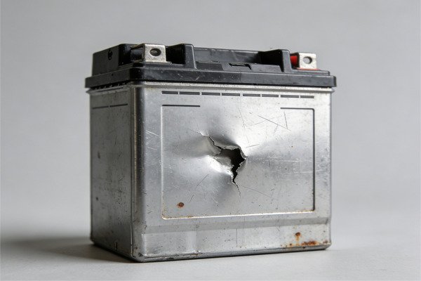 A damaged battery box with a visible dent.