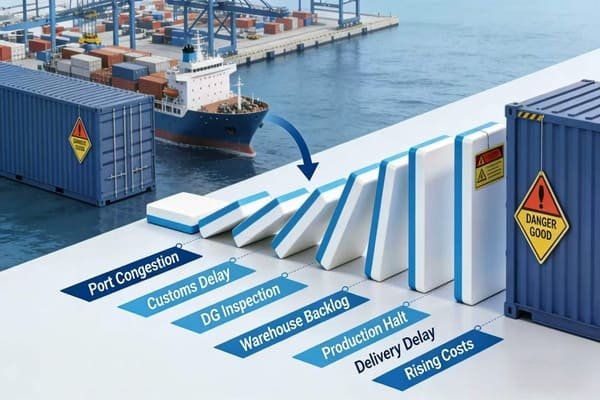 A diagram showing the domino effect of a shipping delay on a supply chain
