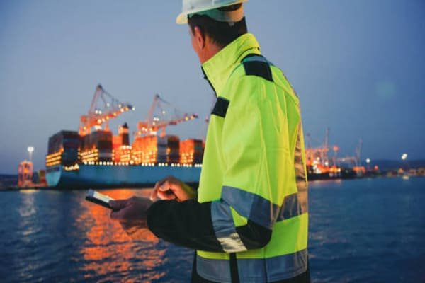 A customs officer inspecting a shipping container with a clipboard.