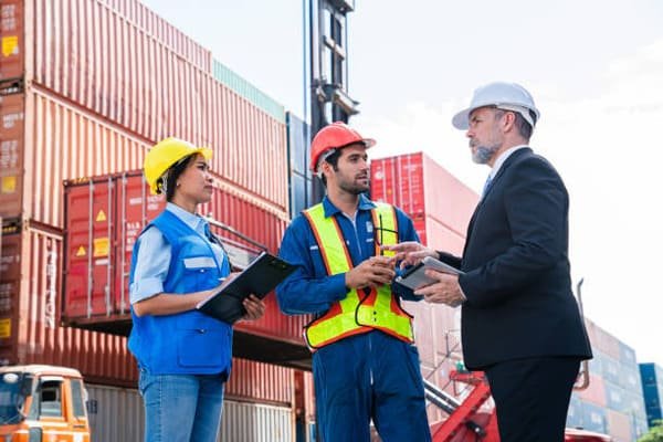 A business owner shaking hands with a logistics expert in a warehouse.