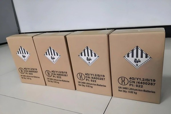 A professionally loaded shipping container with lithium battery boxes clearly labeled.
