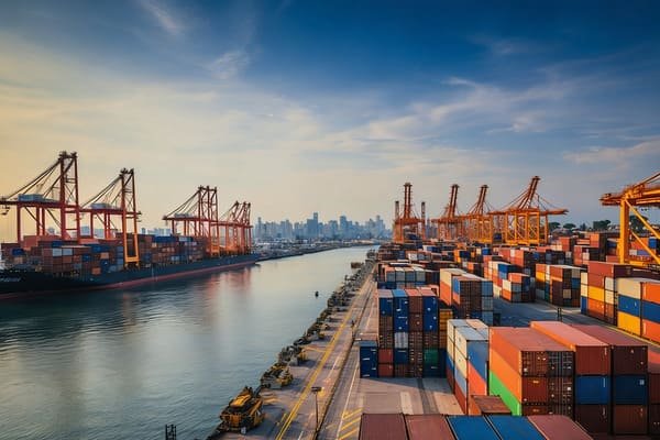 A shipping container sitting under the hot sun at a port.