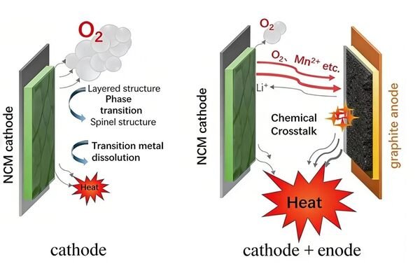 Diagram showing the chain reaction of thermal runaway in a lithium-ion battery cell.