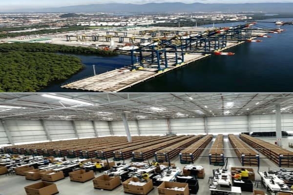 A modern logistics warehouse with workers processing packages.