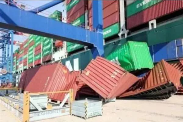 A locked container sitting alone in a port yard