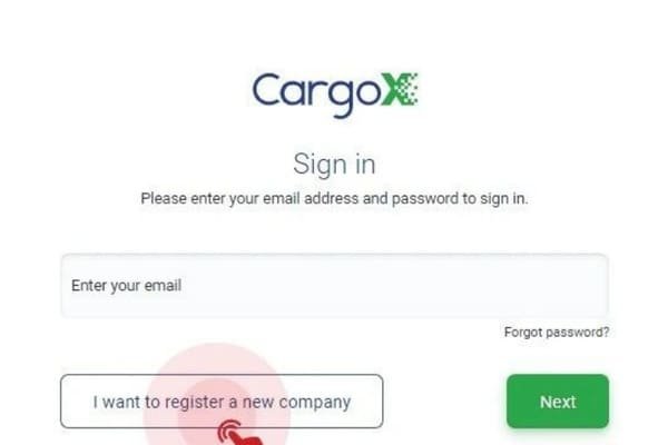 Screenshot of the CargoX registration page