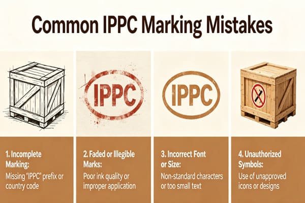 Image showing three examples of incorrect IPPC markings: one faint, one covered, one fake