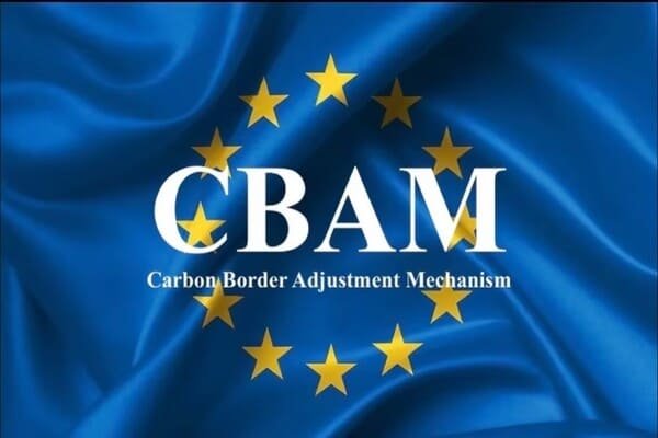 A shipping container with an EU flag and a carbon symbol