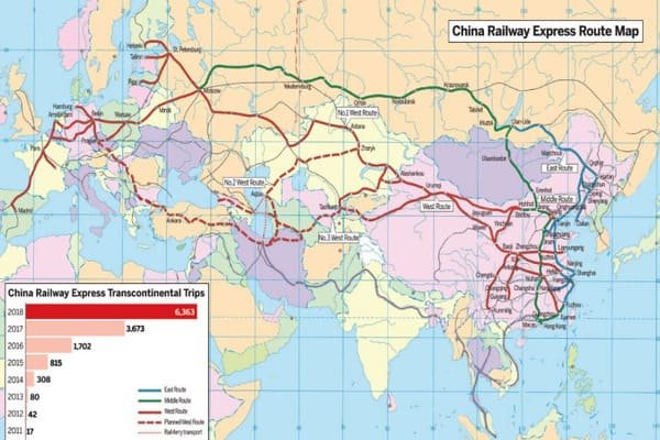 alt text: Map showing the routes of the China-Europe Railway Express