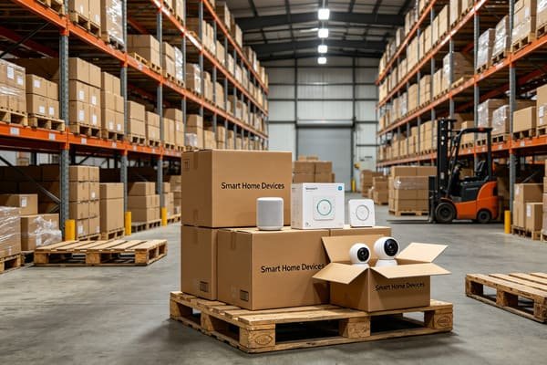 A warehouse with boxes of smart home devices ready for shipping