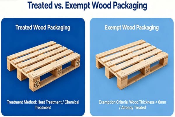 An image showing different types of wood packaging, some requiring treatment and some not