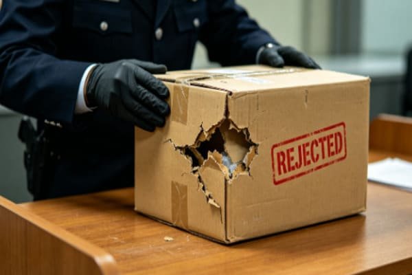A picture of a customs officer inspecting a damaged package with a red "REJECTED" stamp on it.