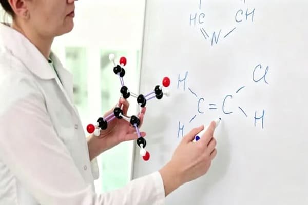 A scientist pointing at a chemical formula on a whiteboard