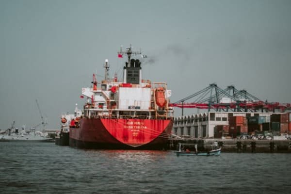 A large RoRo vessel next to a crane loading breakbulk cargo