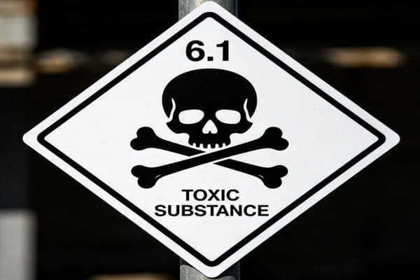 A container with a Class 6.1 toxic substance placard being inspected at a port