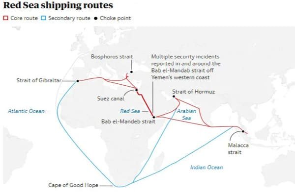 A map showing alternative shipping routes around conflict zones