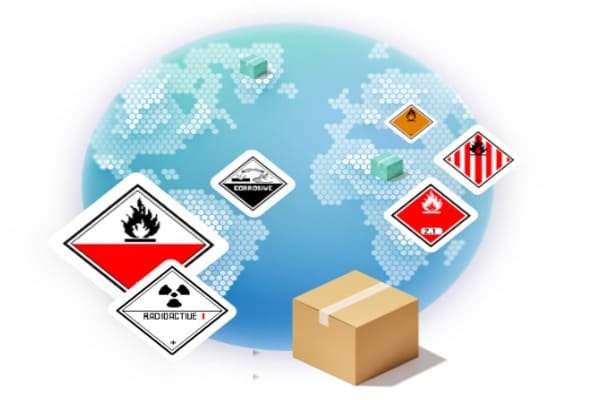 A container ship with hazardous material placards being loaded at a Chinese port