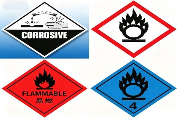 Various hazardous material labels on a package