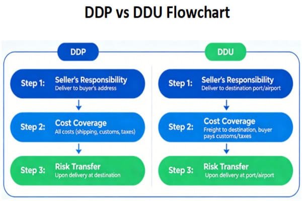 alt text: Diagram comparing DDP and DDU shipping responsibilities