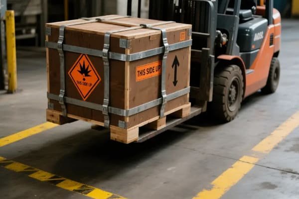 A rejected cargo container with a red warning sign at a port