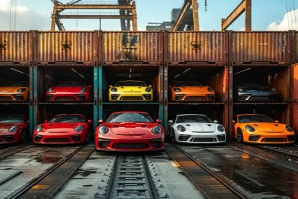 Car securely lashed inside a shipping container