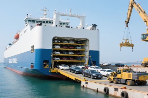 Cars being driven onto a RoRo ship's ramp