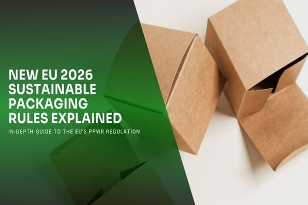 alt text: A shipping box with a green recycling symbol on it, representing new packaging rules