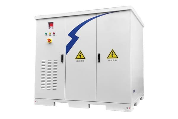 A bare, unpacked energy storage cabinet on a factory floor.