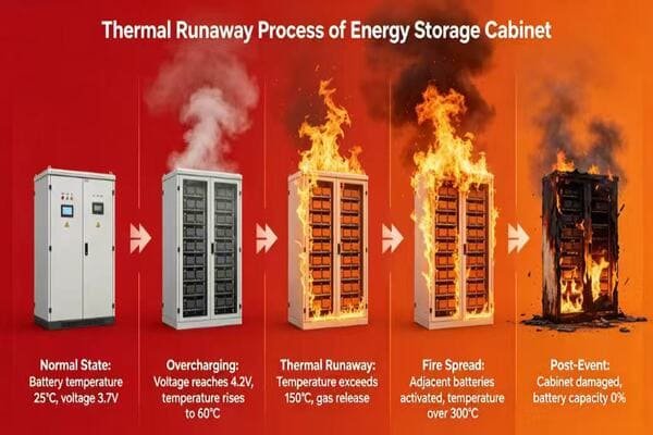 Diagram showing the chain reaction of thermal runaway in battery cells.