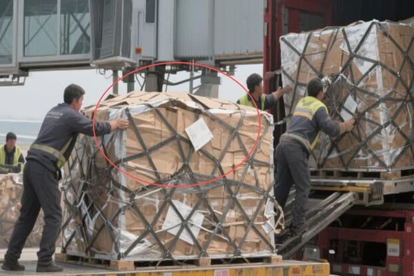 A damaged pallet of goods inside a shipping container