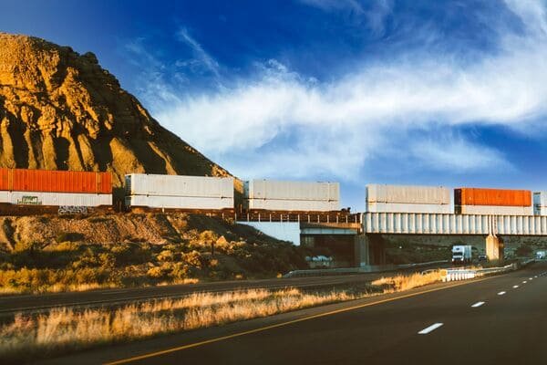 Rail freight containers on a train heading towards the Caspian Sea