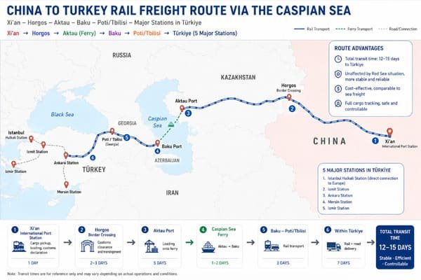 Map showing the China-Turkey rail route via the Caspian Sea